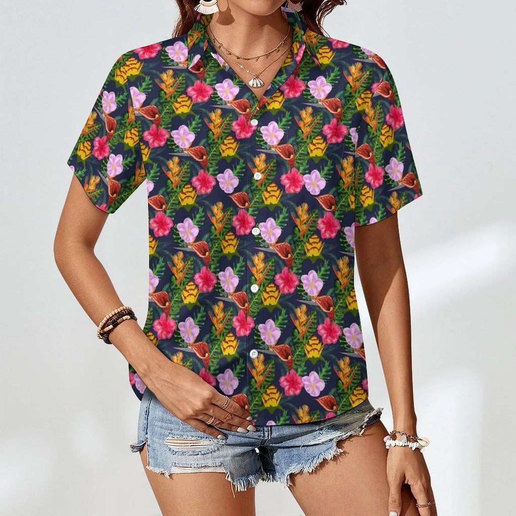 Tropical Floral Women's Short-Sleeve Button Up Shirt Women's Short-Sleeve Button Up Shirt Plants Printed Offshore