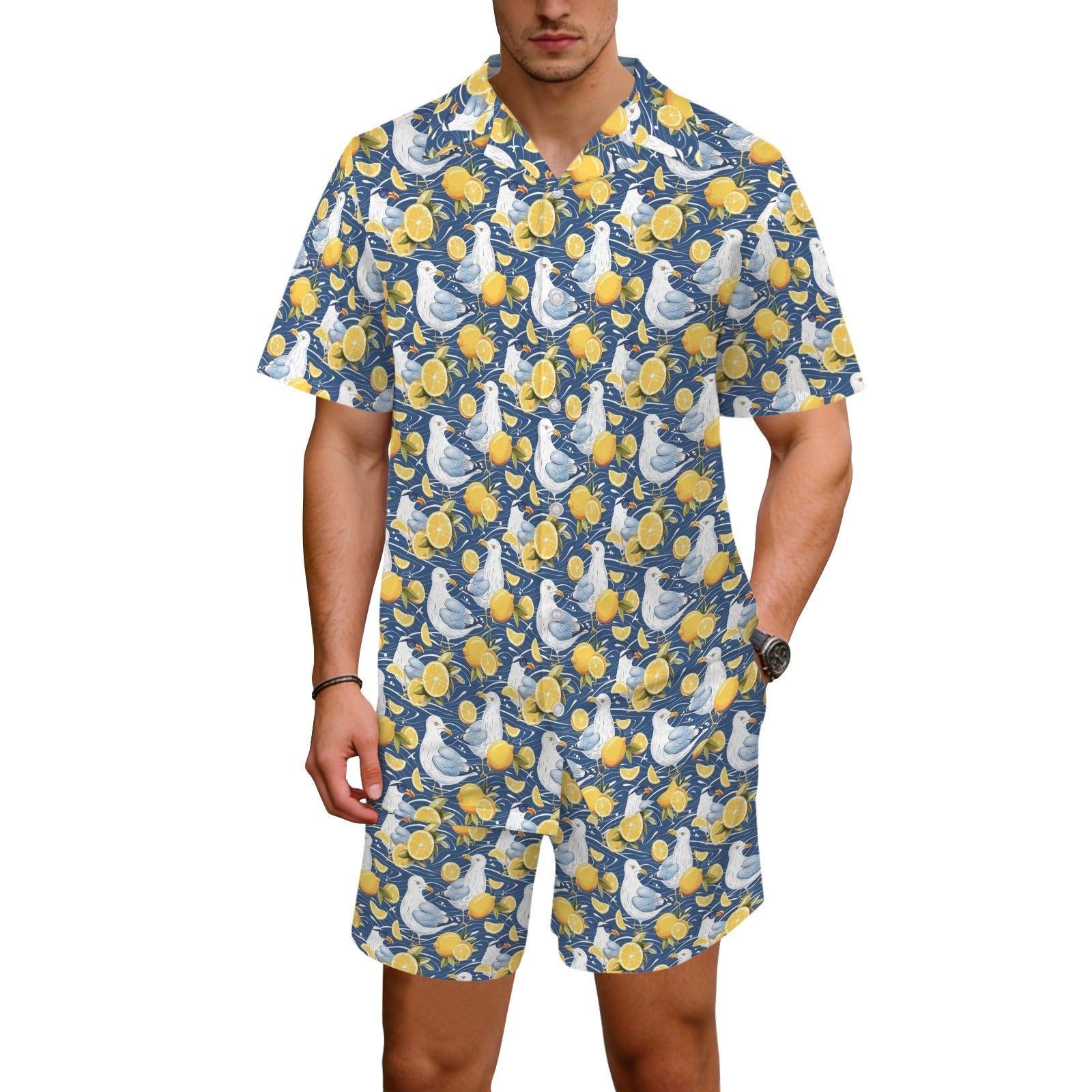 Lemon Seagull Men's Hawaiian Shirt & Shorts Set Men's Hawaiian Shirt & Shorts Set animal Printed Offshore