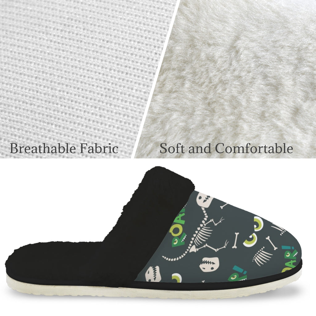 Dinosaur Roar Men's Fur Trim Thick-Sole Indoor Slippers Men's Fur Trimmed Slippers animal Printed Offshore