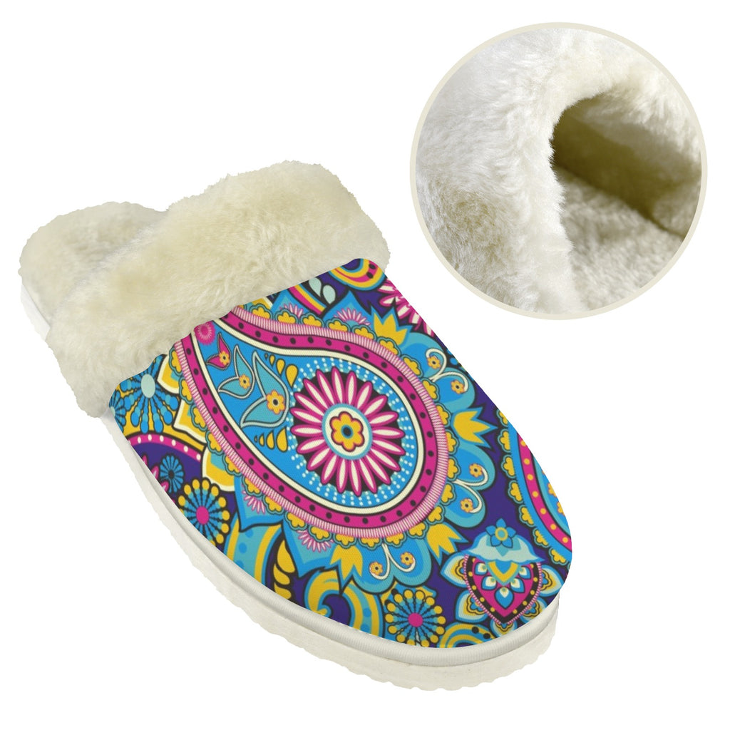 Paisley Women's Fur Trim Thick-Sole Indoor Slippers Women's Fur Trimmed Slippers Printed Offshore