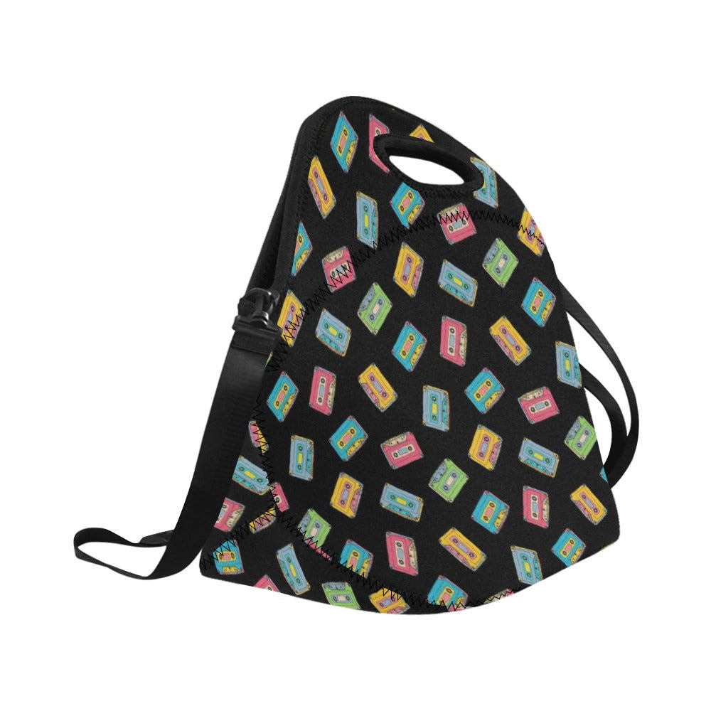 Colourful Cassettes Neoprene Lunch Bag/Large (Model 1669) Neoprene Lunch Bag Music Printed Offshore Retro