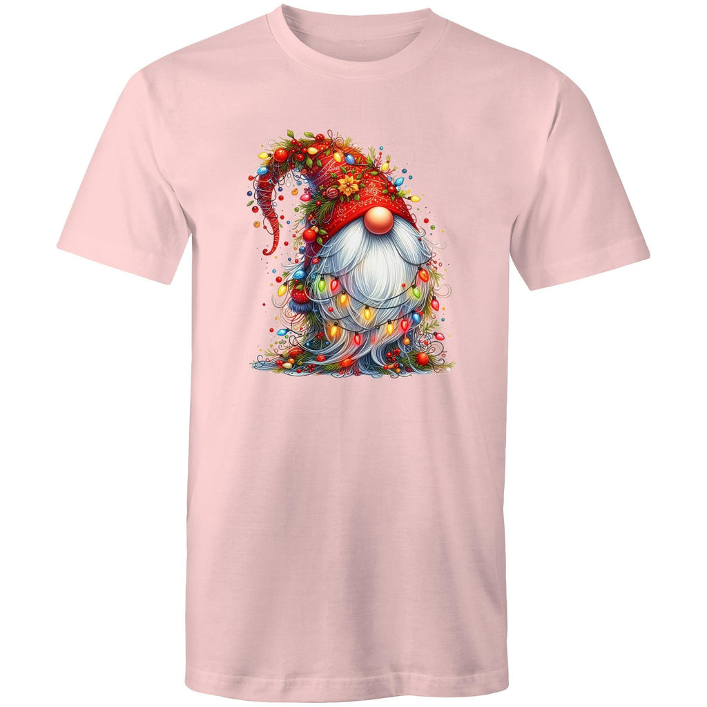 Christmas Gnome Wrapped In Lights - Mens T-Shirt Pink Mens Christmas T-shirt Christmas Printed In Australia