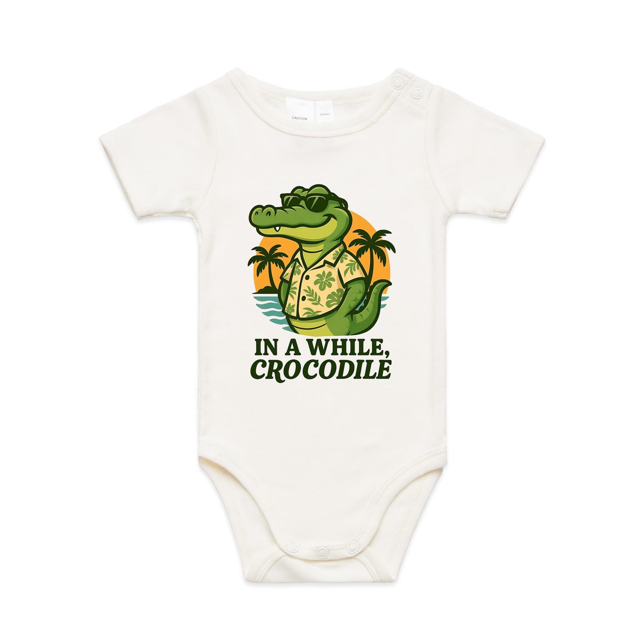 In A While, Crocodile - AS Colour Baby Bodysuit Natural Baby Bodysuit animal Printed In Australia