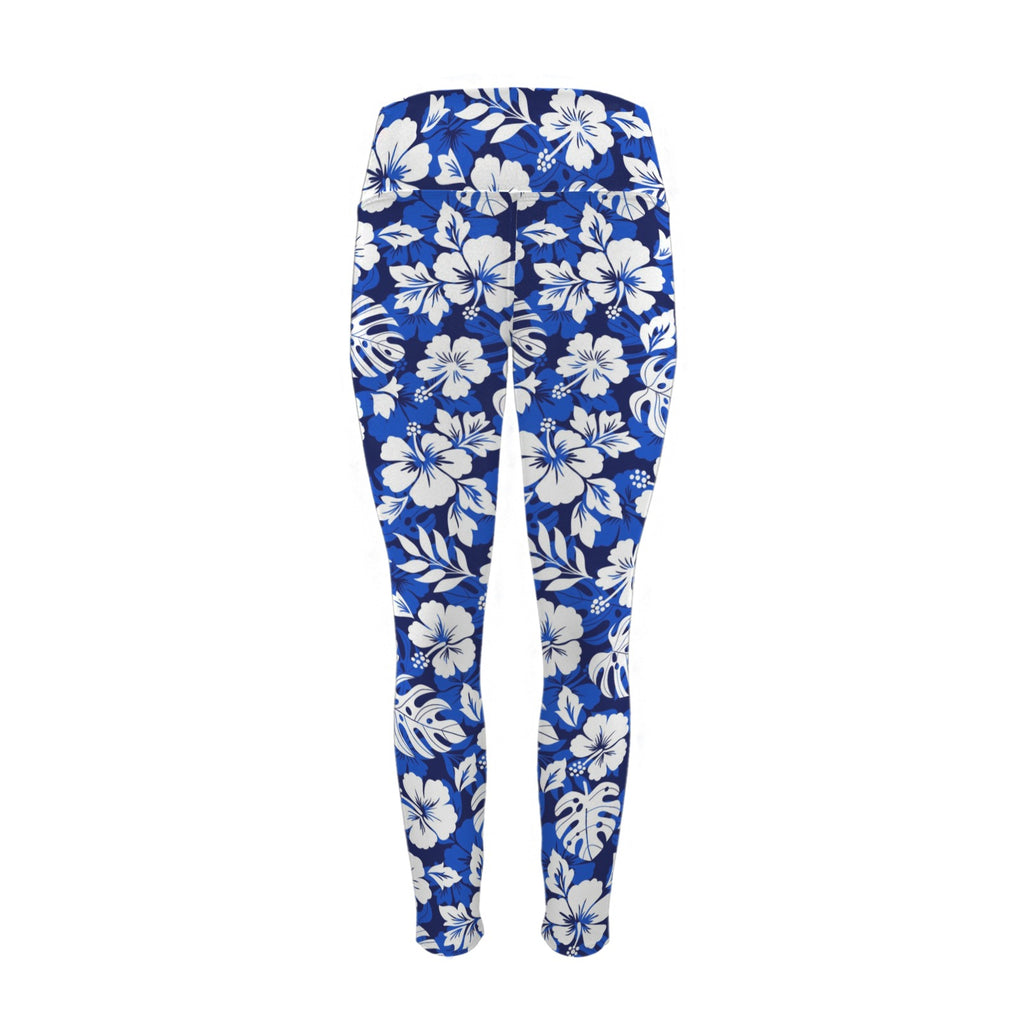 Blue Hawaiian Floral - Women's High Waist Pockets Yoga Leggings