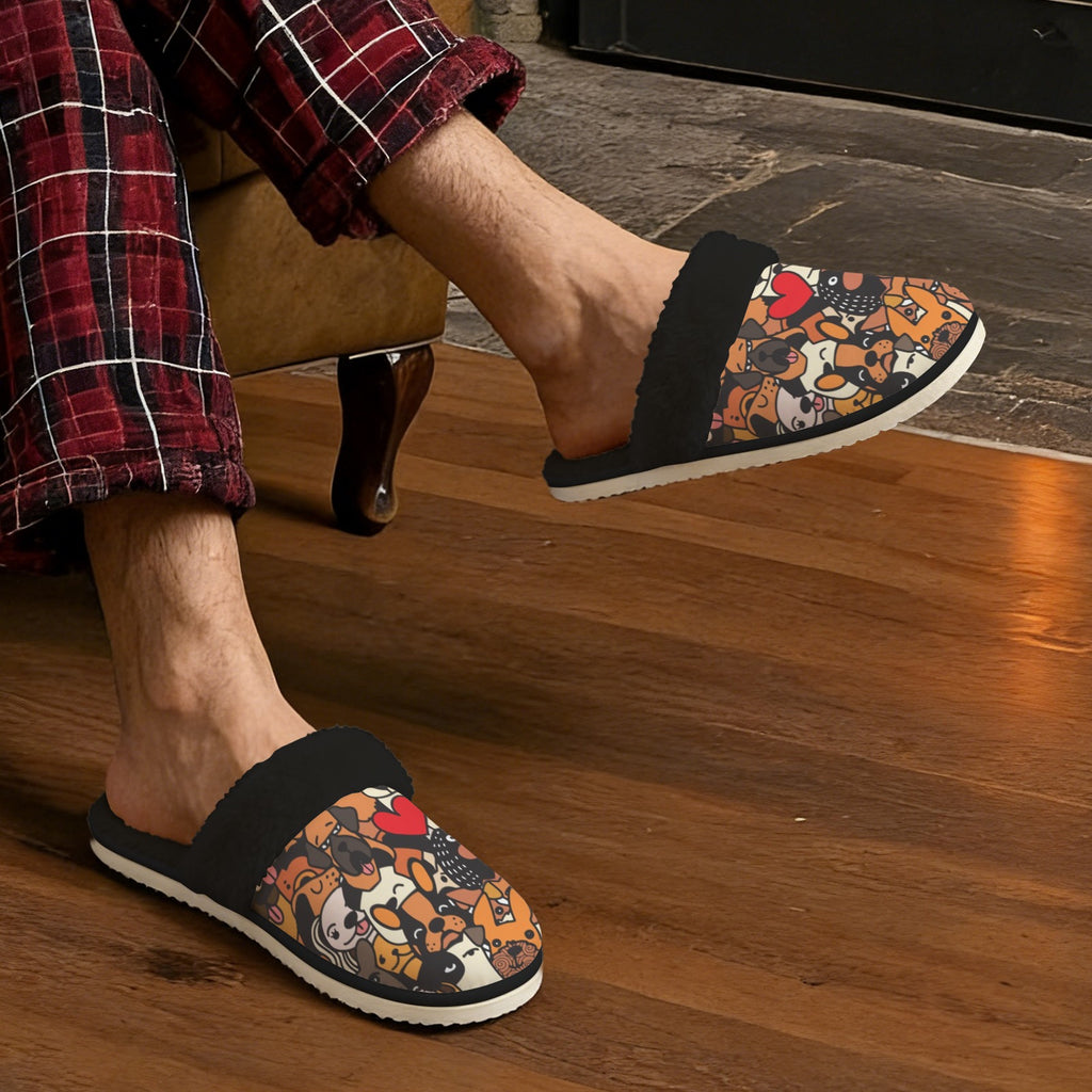 All The Dogs Men's Fur Trim Thick-Sole Indoor Slippers Men's Fur Trimmed Slippers animal Printed Offshore