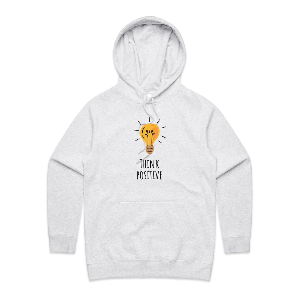 Think Positive, Lightbulb - Womens Hoodie White Marle Womens Hoodie Positivity Printed In Australia