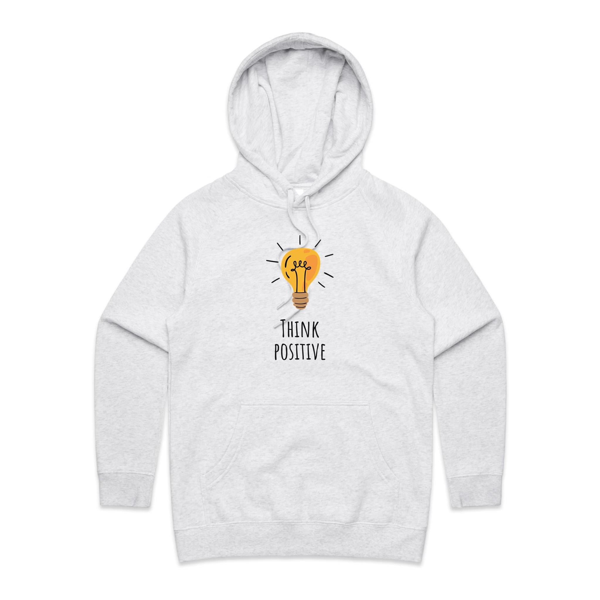Think Positive, Lightbulb - Womens Hoodie White Marle Womens Hoodie Positivity Printed In Australia