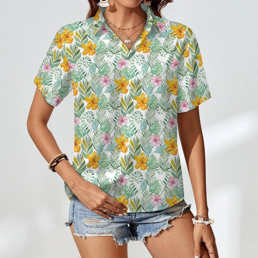 Tropical Flowers And Leaves Women's Collared Pocketless Short Sleeve Shirt