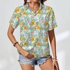 Tropical Flowers And Leaves Women's Collared Pocketless Short Sleeve Shirt