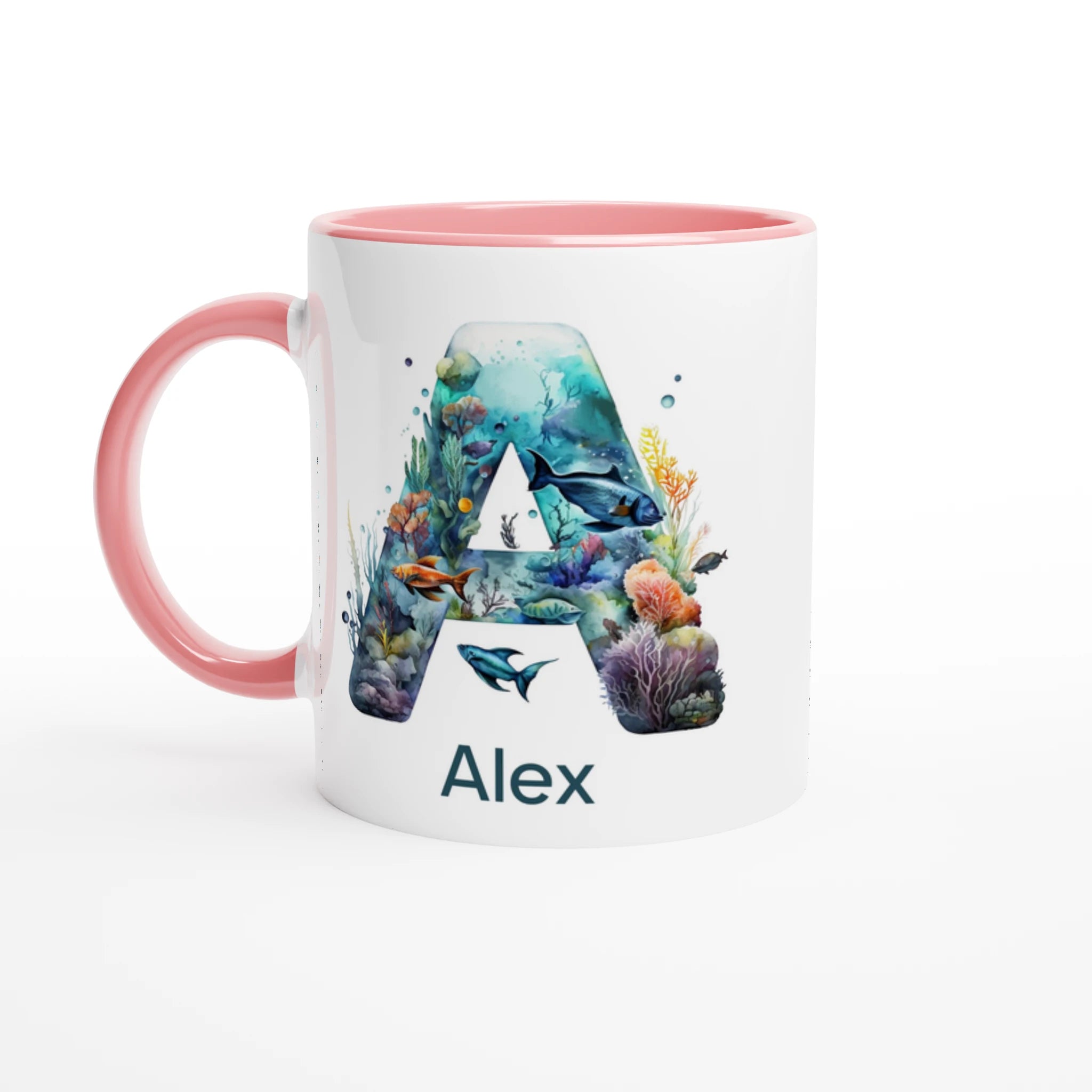 Coral Sea Initial - 11oz Ceramic Mug Ceramic Pink Personalised 11oz Mug customise Globally Fulfilled Initial Name Ocean personalise