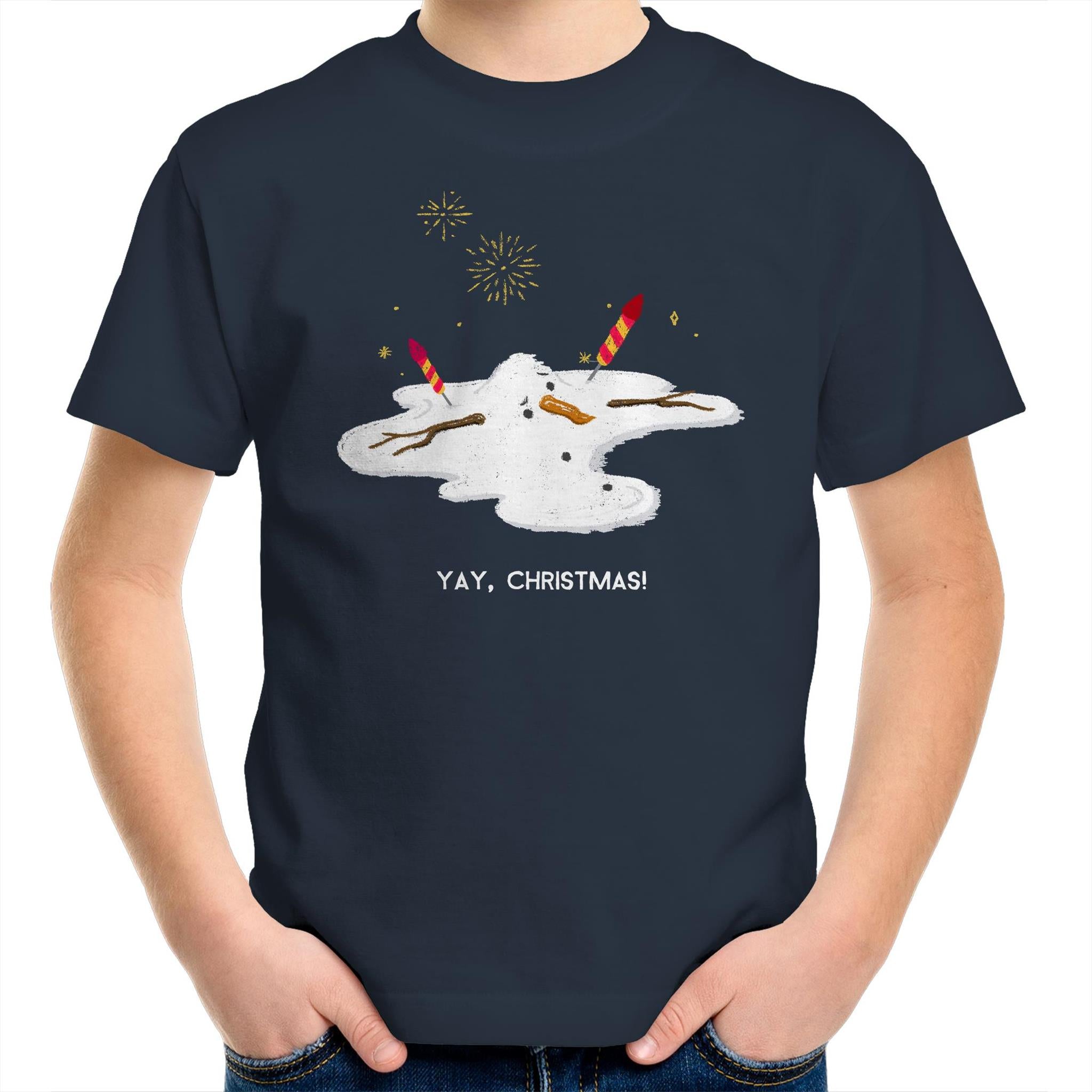 Melting Snowman, Yay Christmas - Kids Youth T-Shirt Navy Kids Christmas T-shirt Christmas Printed In Australia