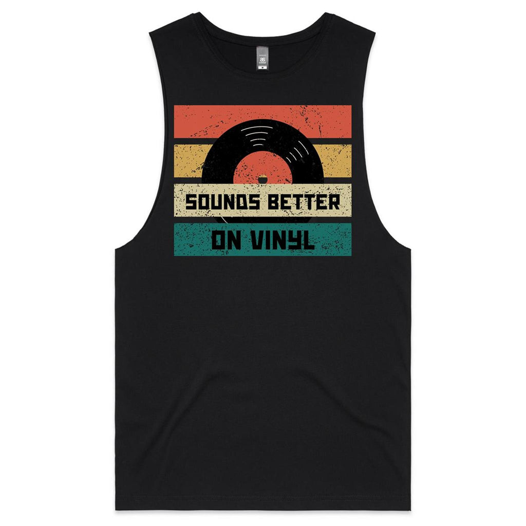 Sounds Better On Vinyl, Record Mens Men's AS Colour Drop Arm Tank Top Black Drop Arm Tank Top Music Printed In Australia Retro