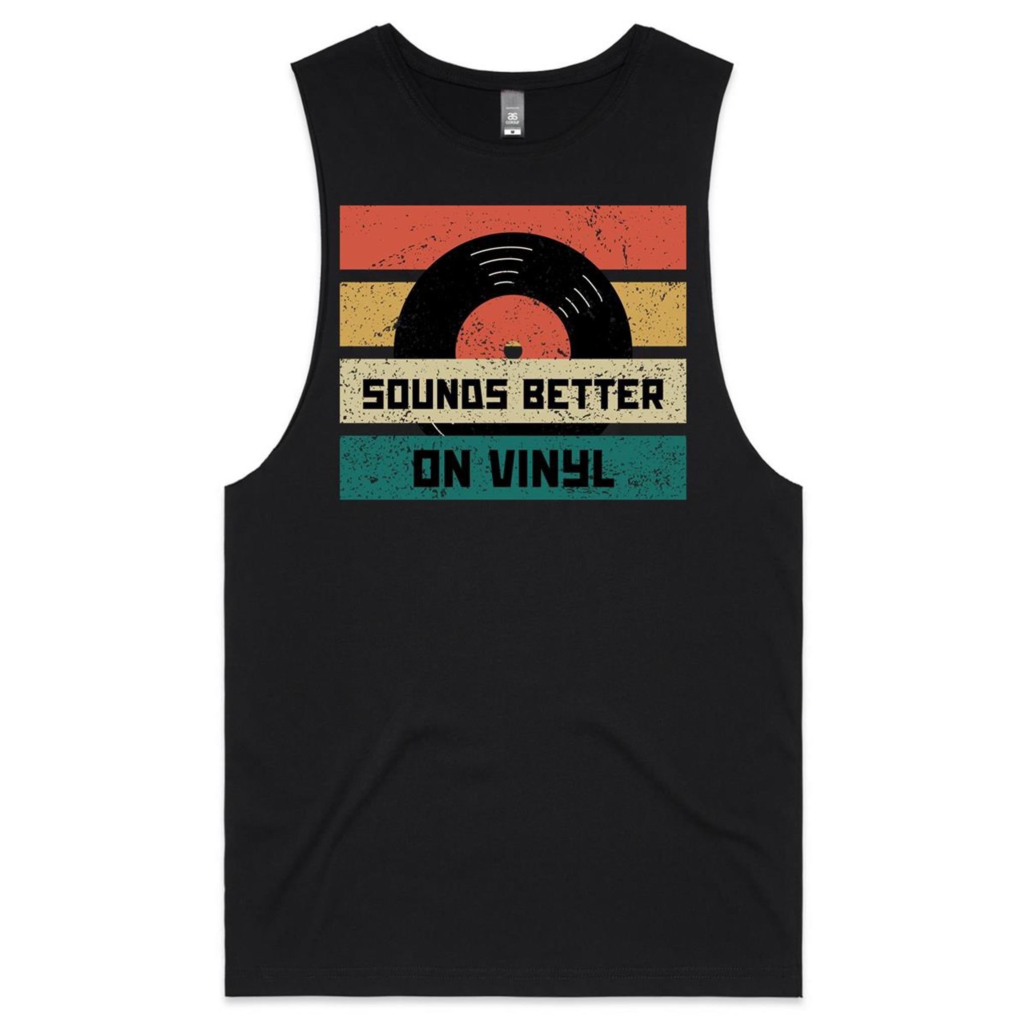 Sounds Better On Vinyl, Record Mens Men's AS Colour Drop Arm Tank Top Black Drop Arm Tank Top Music Printed In Australia Retro