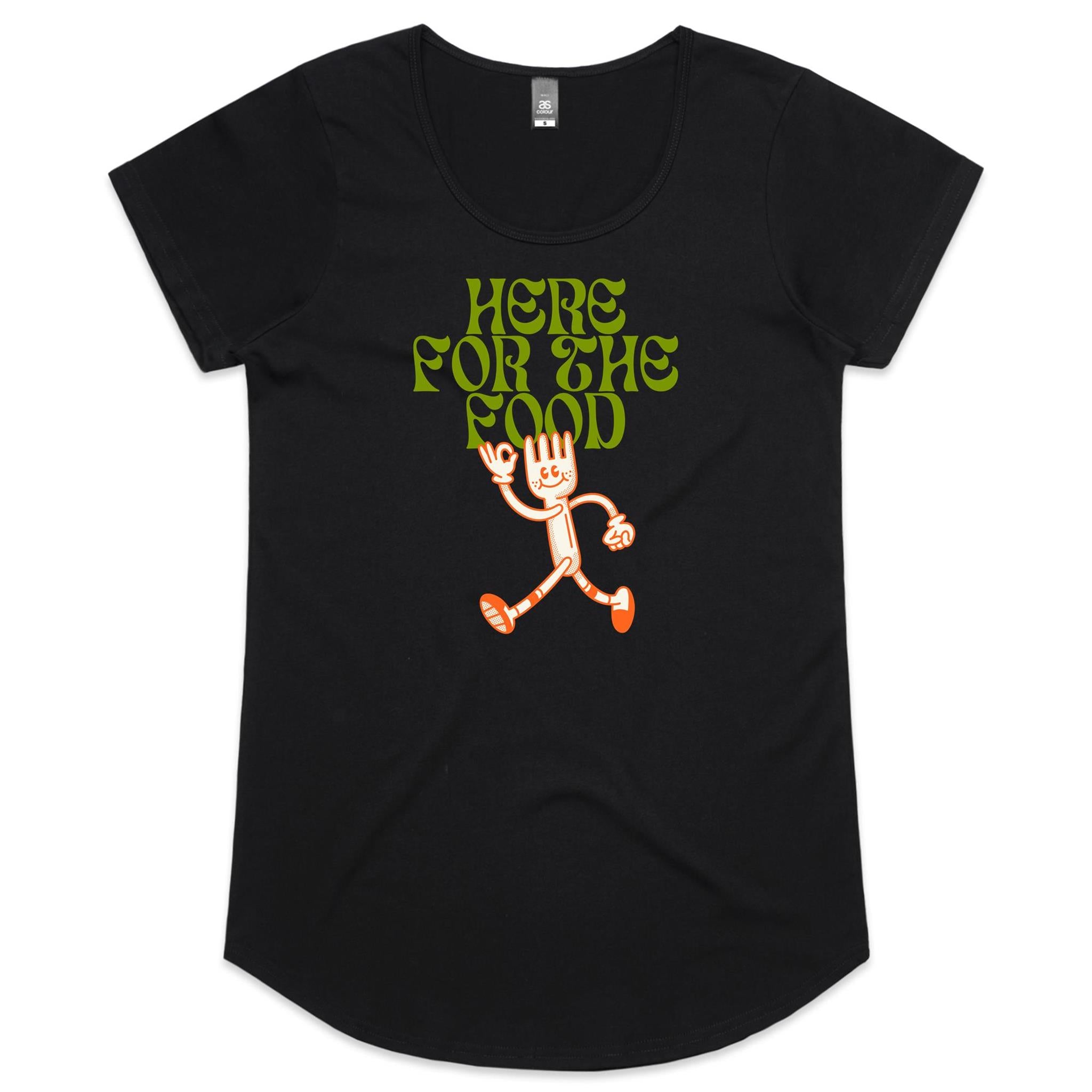 Here For The Food - Womens Scoop Neck T-Shirt Black Womens Scoop Neck T-shirt Food Printed In Australia