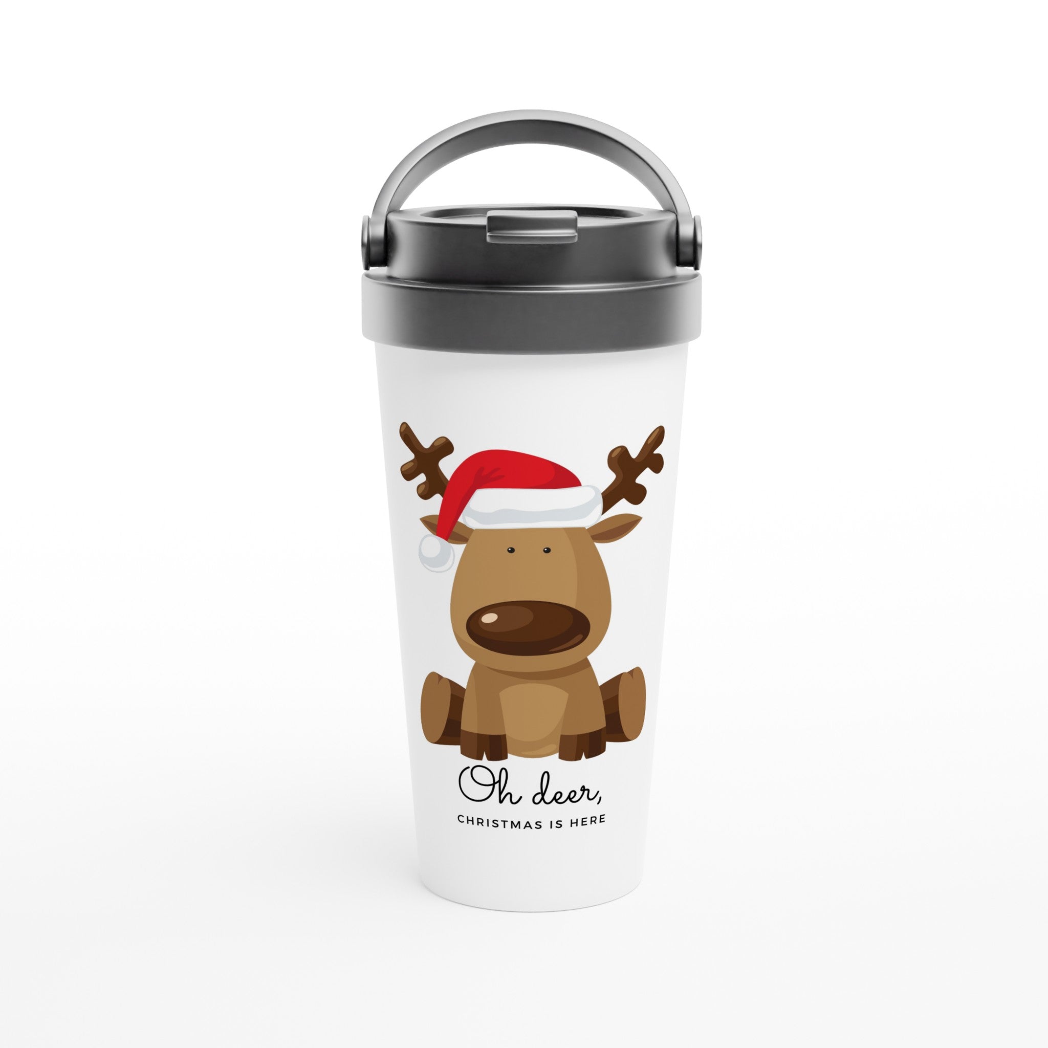 Oh Deer, Christmas Is Here - White 15oz Stainless Steel Travel Mug Christmas Travel Mug Christmas Globally Fulfilled