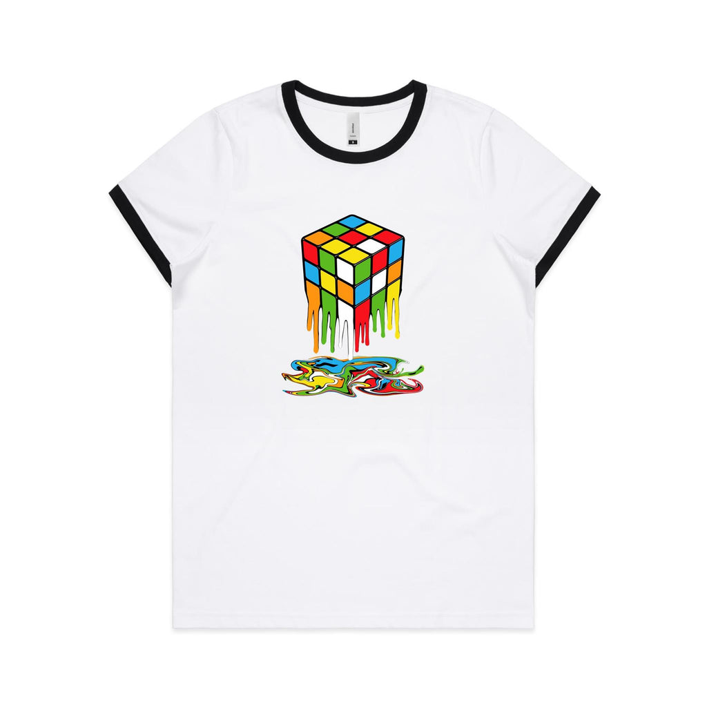 Melting Cube - Women's Ringer Tee White Black Womens Ringer T-shirt Games Printed In Australia