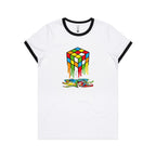 Melting Cube - Women's Ringer Tee White Black Womens Ringer T-shirt Games Printed In Australia