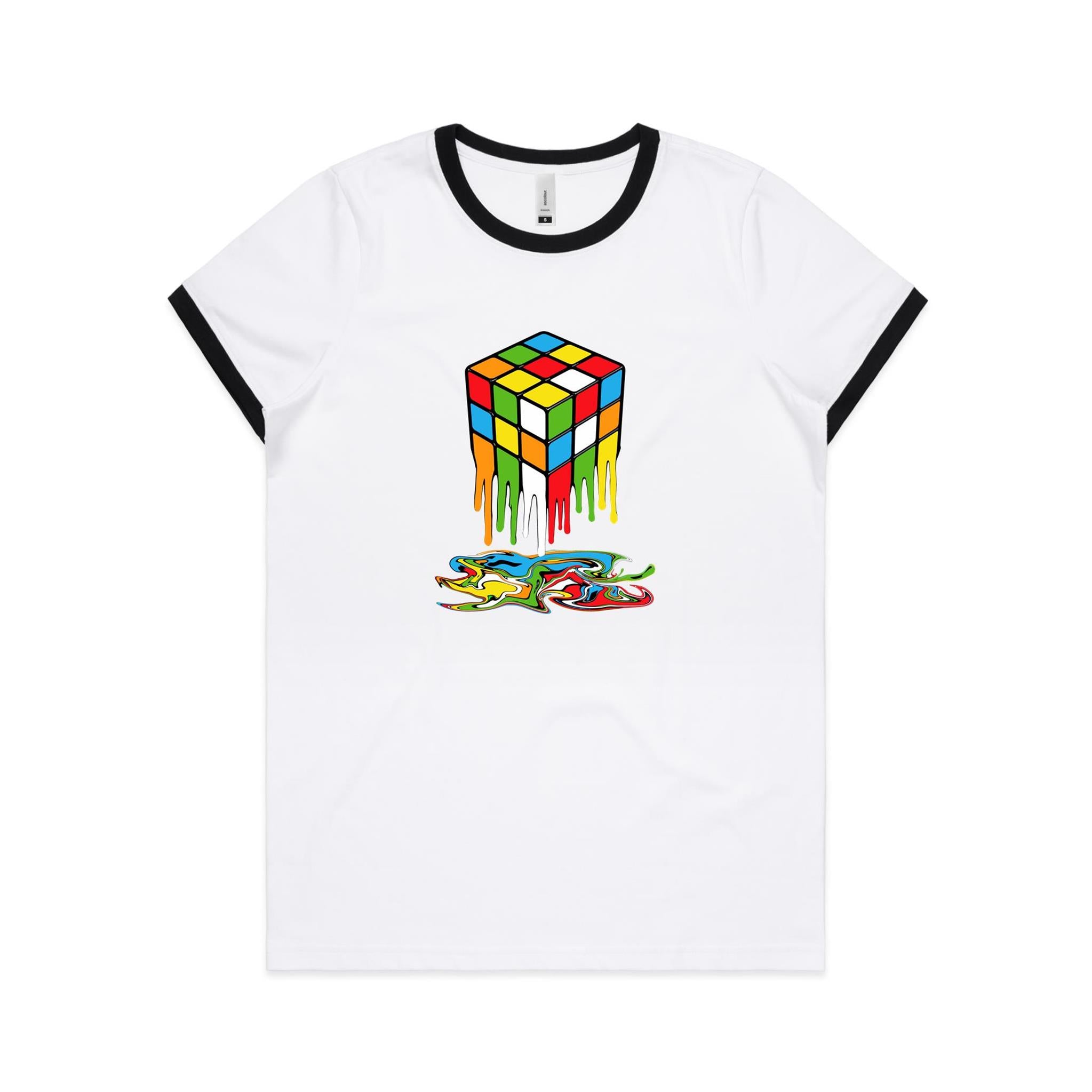 Melting Cube - Women's Ringer Tee White Black Womens Ringer T-shirt Games Printed In Australia