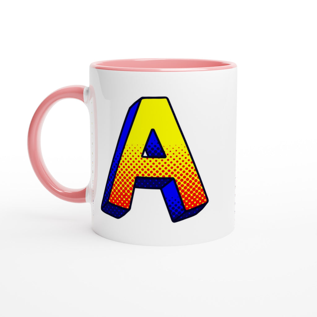 Personalised - Comic Book Initial - White 11oz Ceramic Mug with Color Inside Ceramic Pink Personalised 11oz Mug comic Customise Globally Fulfilled Name Personalise