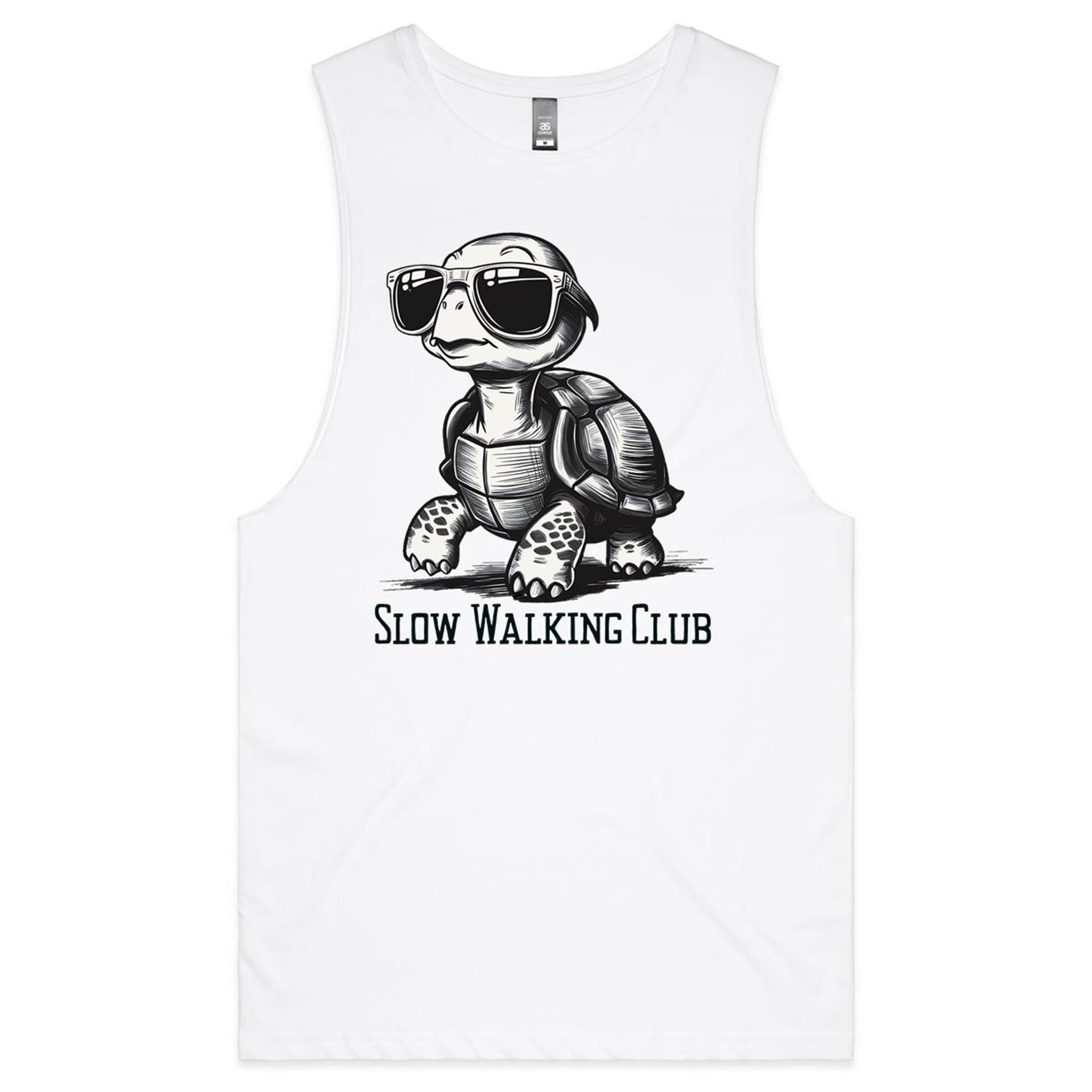 Slow Walking Club, Tortoise Mens Men's AS Colour Drop Arm Tank Top White Drop Arm Tank Top Fitness Printed In Australia