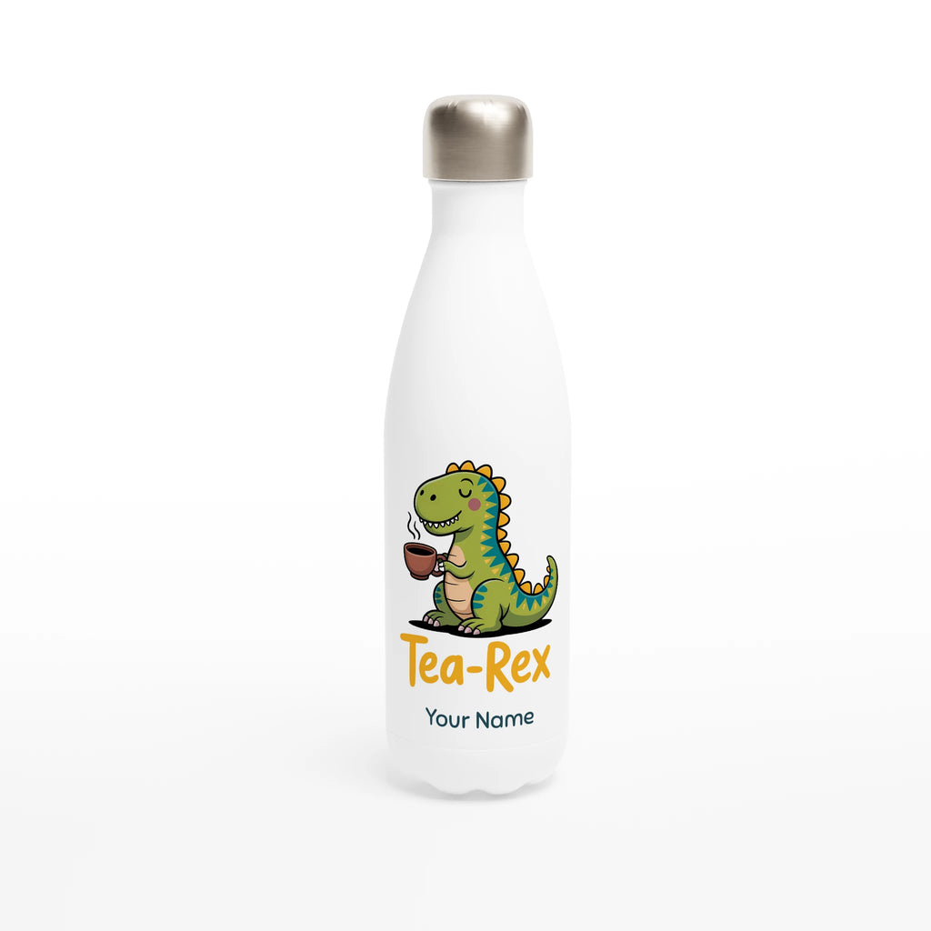 Personalised Tea-Rex, Tea Drinking Dinosaur White 17oz Stainless Steel Water Bottle Default Title Personalised Water Bottle Globally Fulfilled Tea