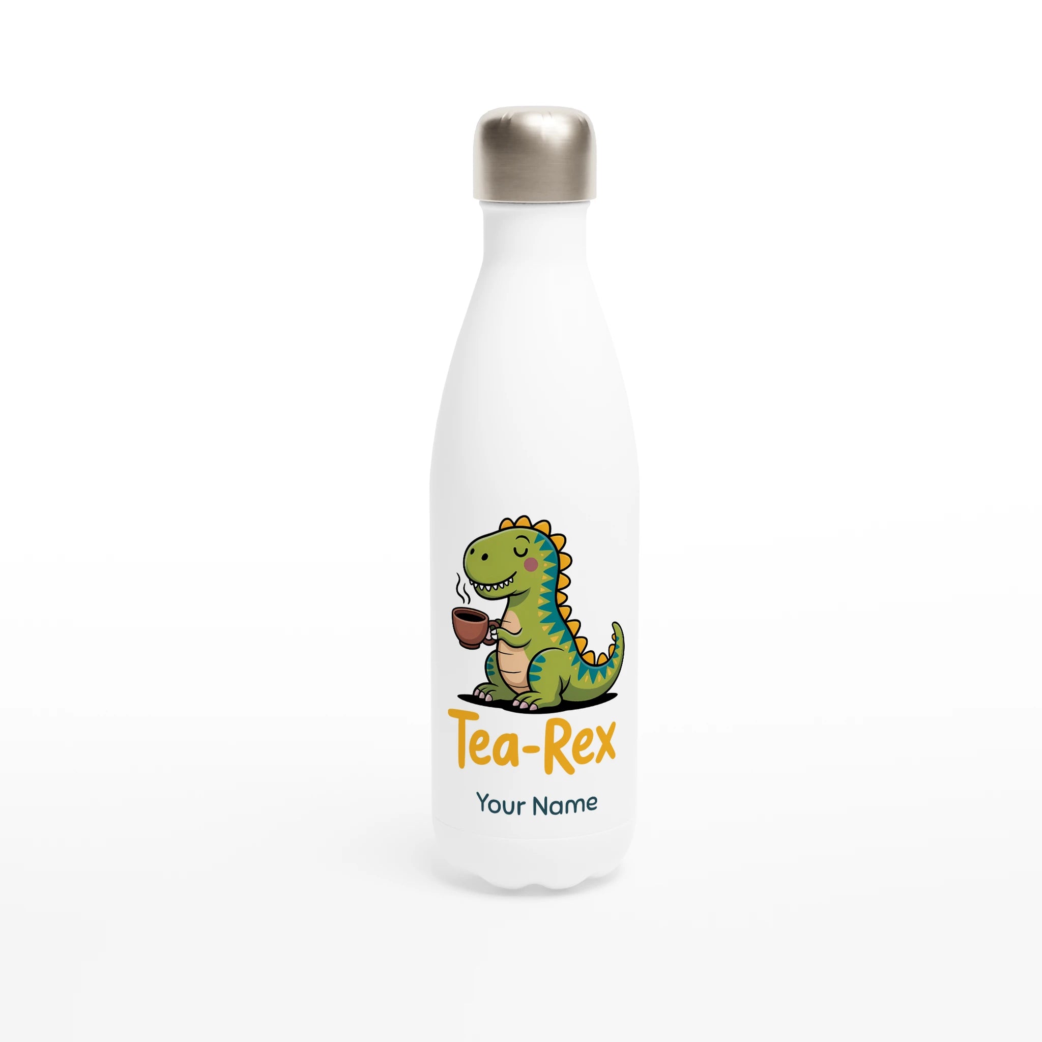 Personalised - Tea-Rex, Tea Drinking Dinosaur - White 17oz Stainless Steel Water Bottle Default Title Personalised Water Bottle Globally Fulfilled Tea