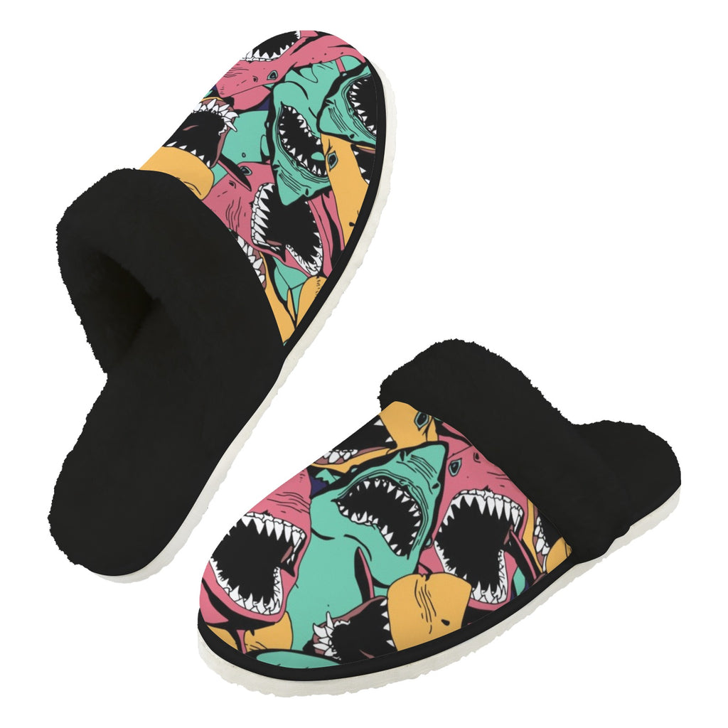 Scary Sharks Men's Fur Trim Thick-Sole Indoor Slippers 2XL Men's Fur Trimmed Slippers animal Ocean Printed Offshore