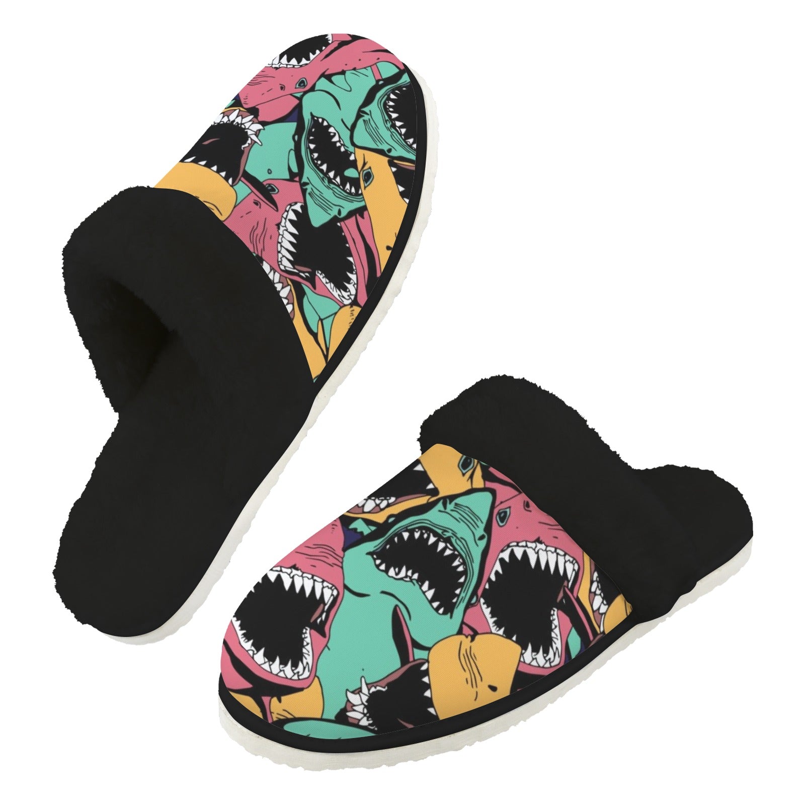 Scary Sharks Men's Fur Trim Thick-Sole Indoor Slippers 2XL Men's Fur Trimmed Slippers animal Ocean Printed Offshore