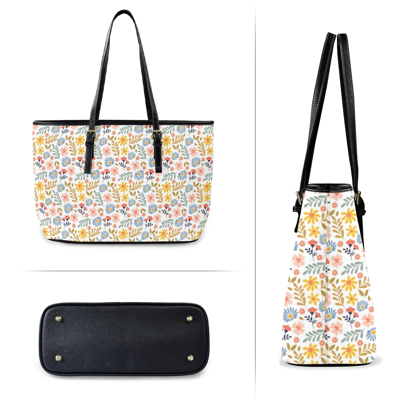 Boho Flowers And Leaves - PU Leather Tote Bag - Large