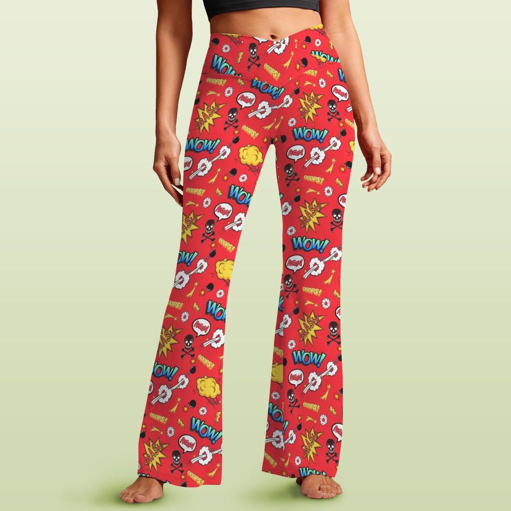 Comic Book Red High Waist Crossover Tummy Control Flare Leggings 5XL High Waist Flare Leggings comic Printed Offshore