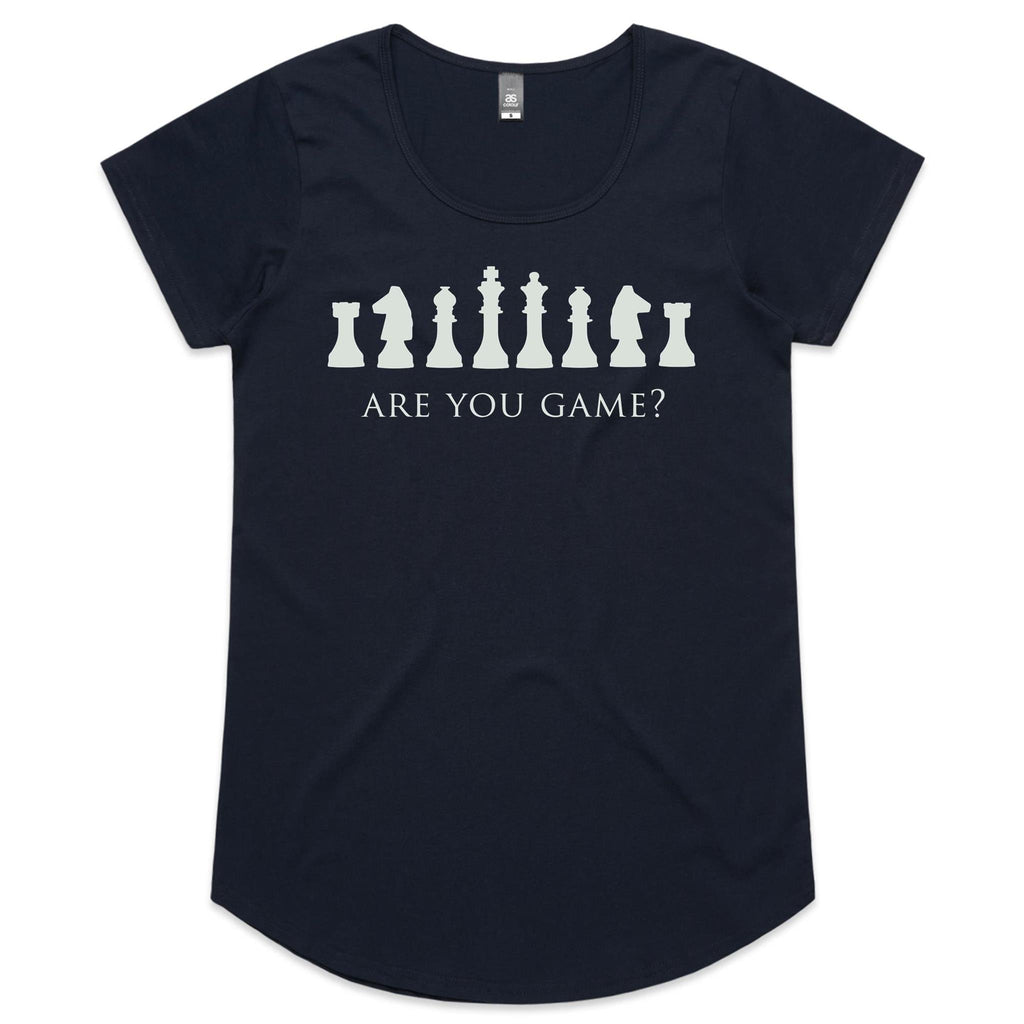 Are You Game, Chess - Womens Scoop Neck T-Shirt Navy Womens Scoop Neck T-shirt Chess Games Printed In Australia