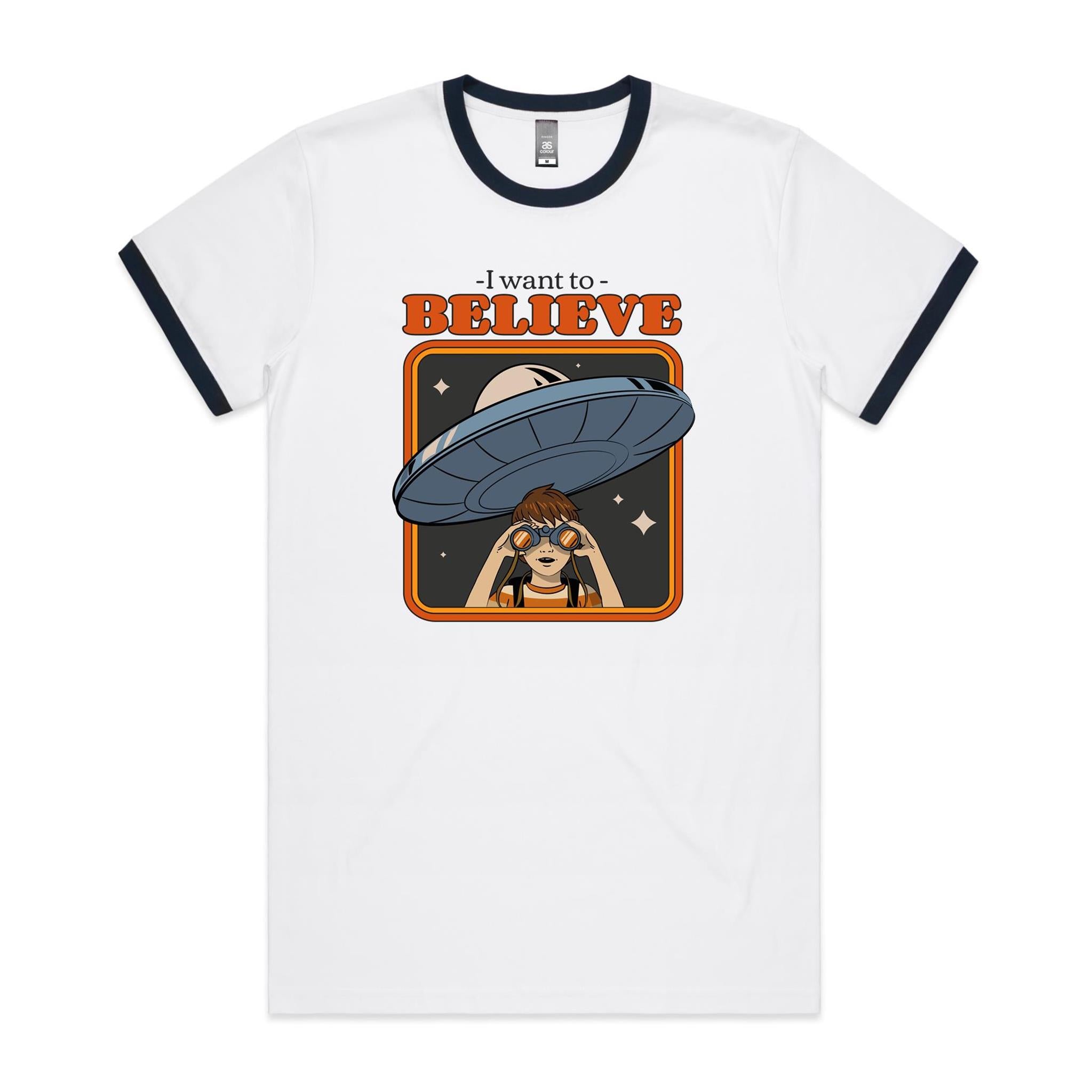 I Want To Believe, UFO - Staple Ringer Tee White Navy Ringer T-Shirt Printed In Australia Sci Fi