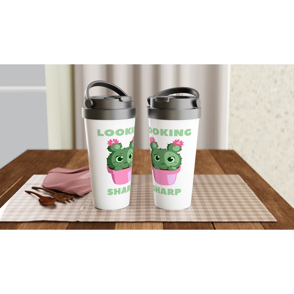 Looking Sharp - White 15oz Stainless Steel Travel Mug Travel Mug black lid cacti cactus coffee cute flower garden handle plant screw on lid spill proof to go