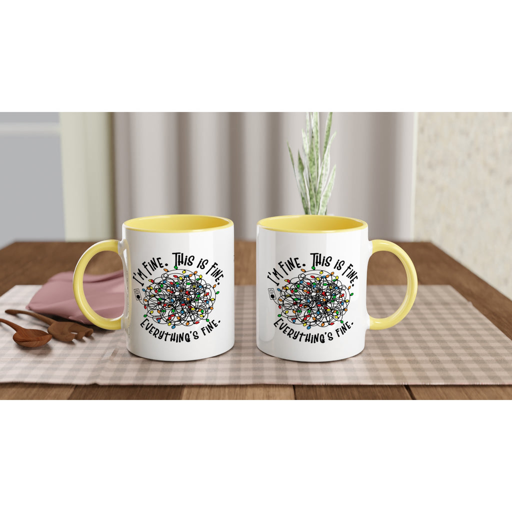 Tangled Christmas Lights, I'm Fine, This Is Fine, Everything's Fine - White 11oz Ceramic Mug with Colour Inside Christmas Colour Mug Christmas Globally Fulfilled
