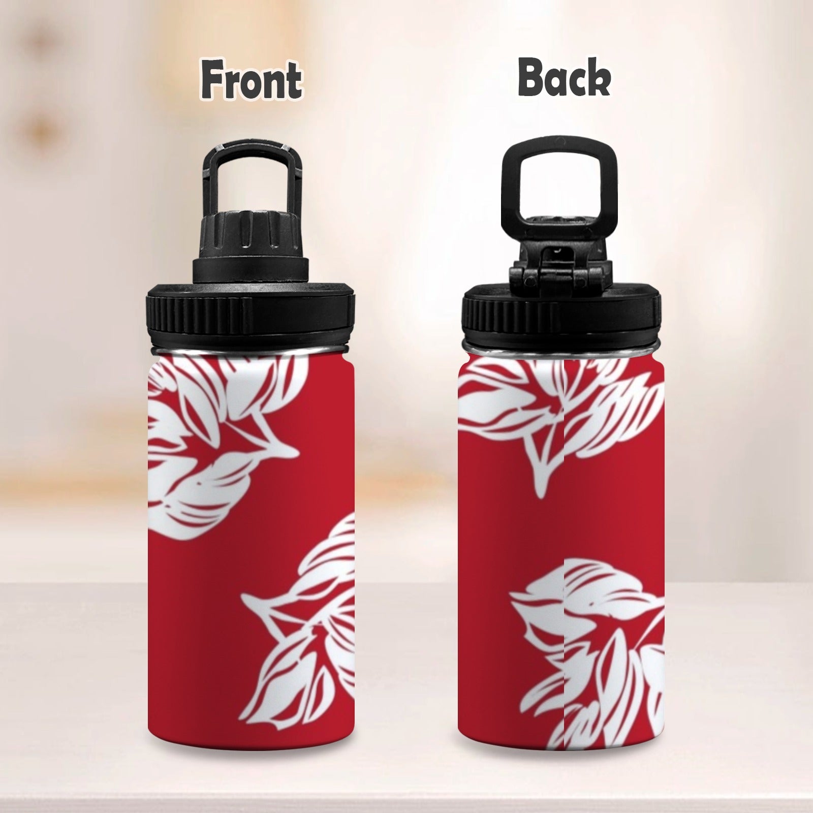 Red Retro Foliage, Hawaiian Flower - Kids Water Bottle with Chug Lid (12 oz) Kids Water Bottle with Chug Lid Printed Offshore Retro Surf