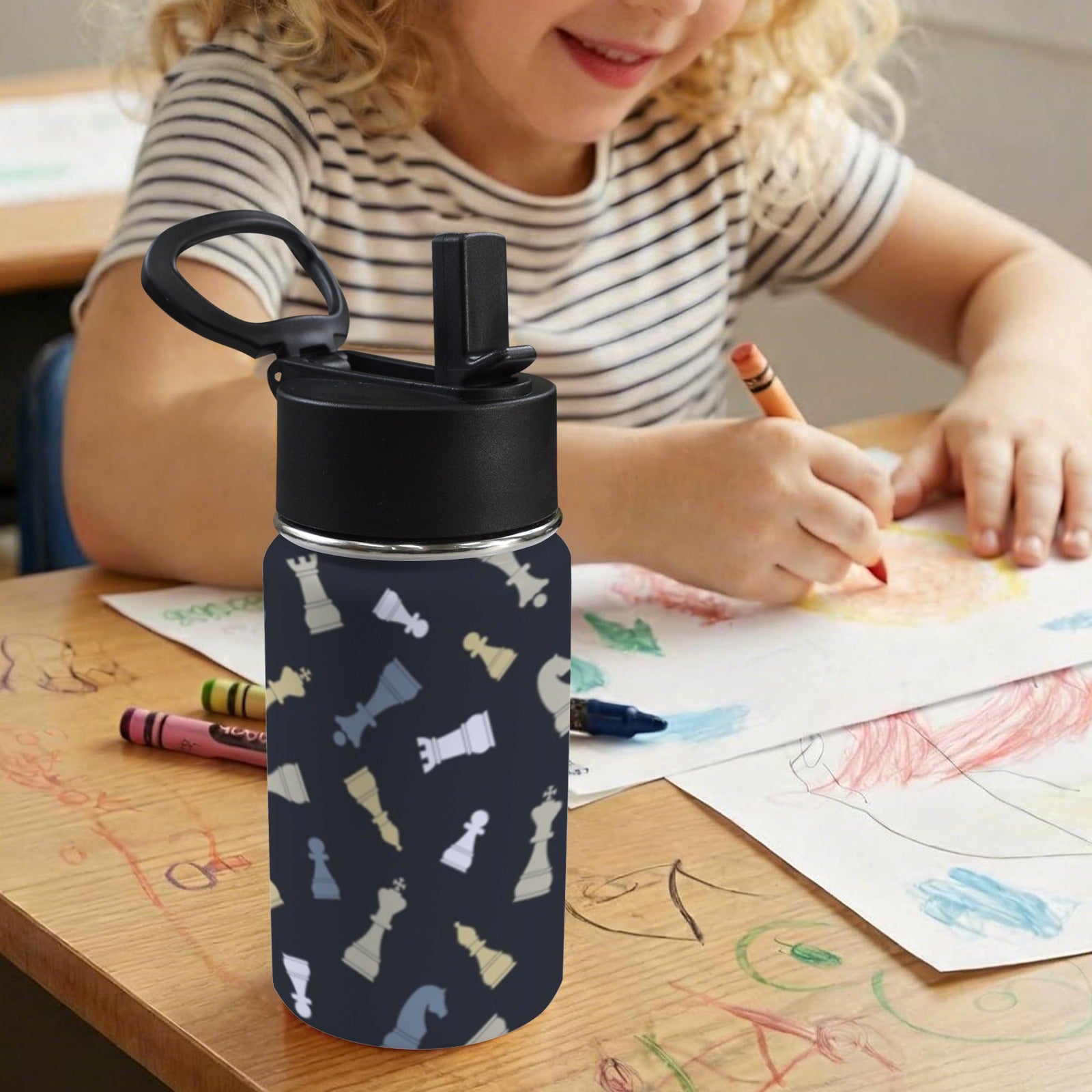 Chess Pattern 12oz Kids Water Bottle with Straw Lid