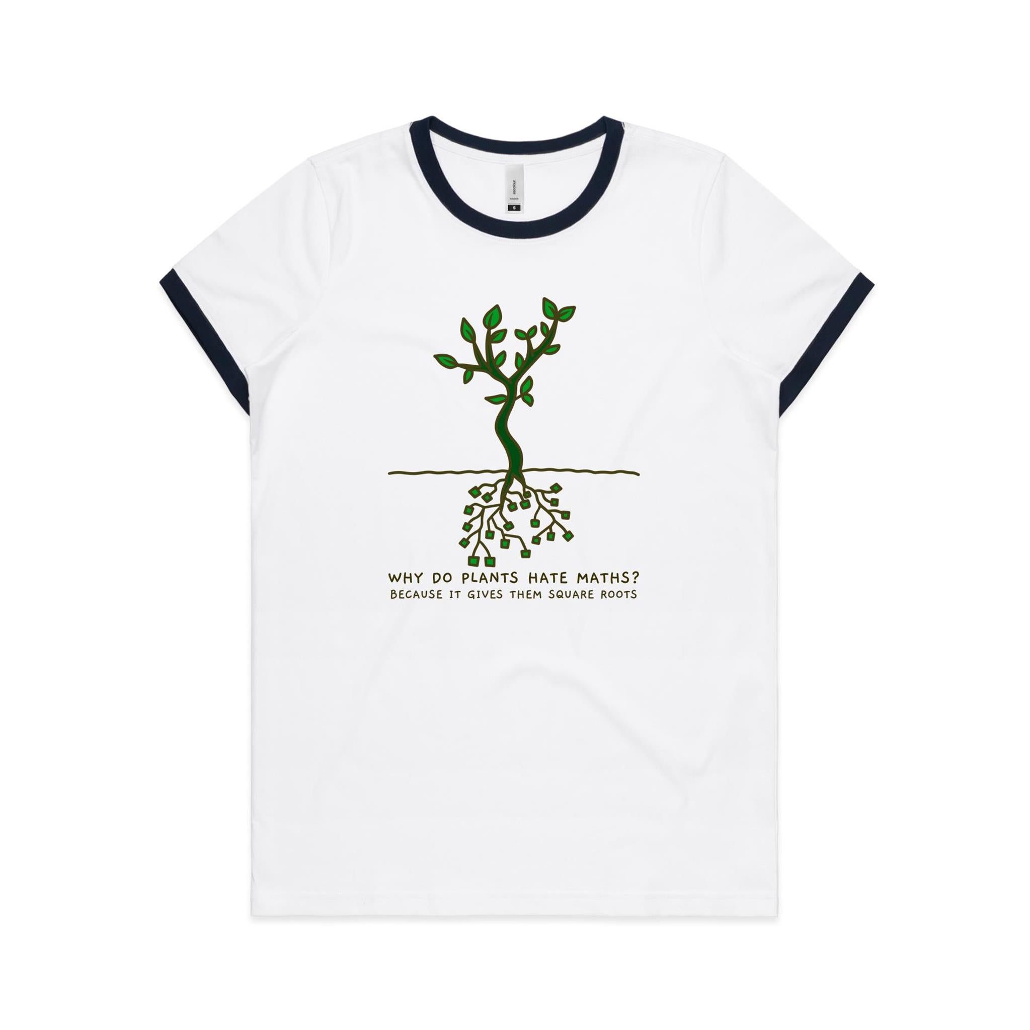 Square Roots, Maths Pun - Women's Ringer Tee White Navy Womens Ringer T-shirt Maths Printed In Australia