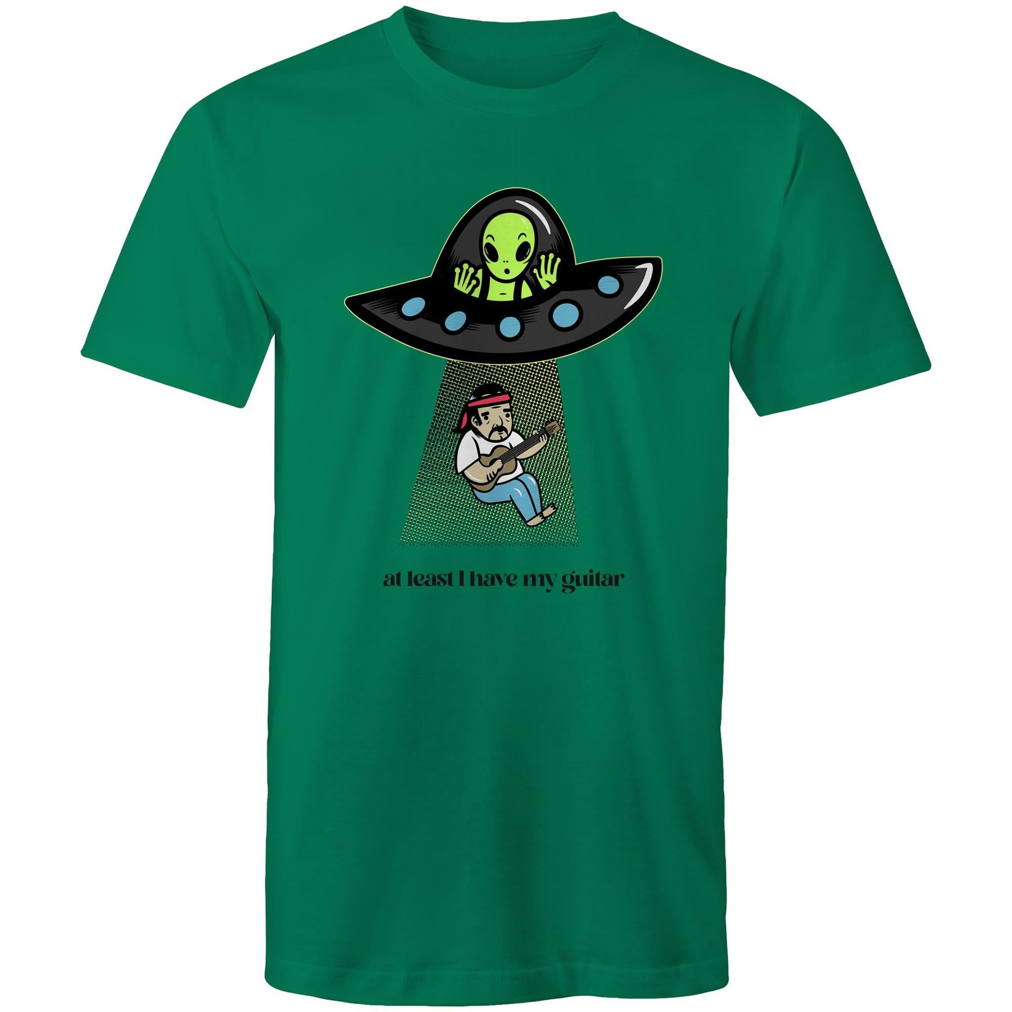 Alien Abduction, At Least I Have My Guitar - Mens T-Shirt Kelly Green Mens T-shirt Music Printed In Australia Sci Fi