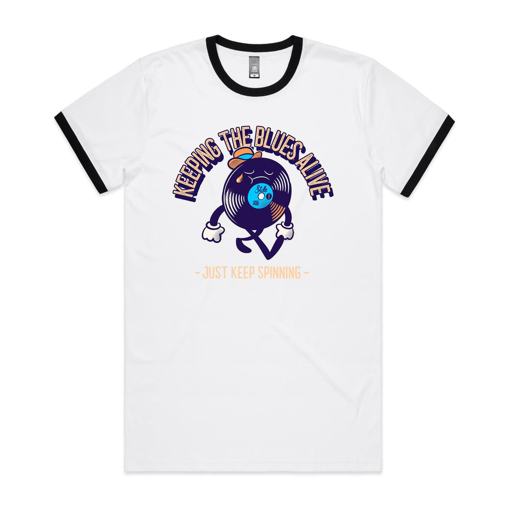 Keeping The Blues Alive - Staple Ringer Tee White Black Ringer T-Shirt Music Printed In Australia