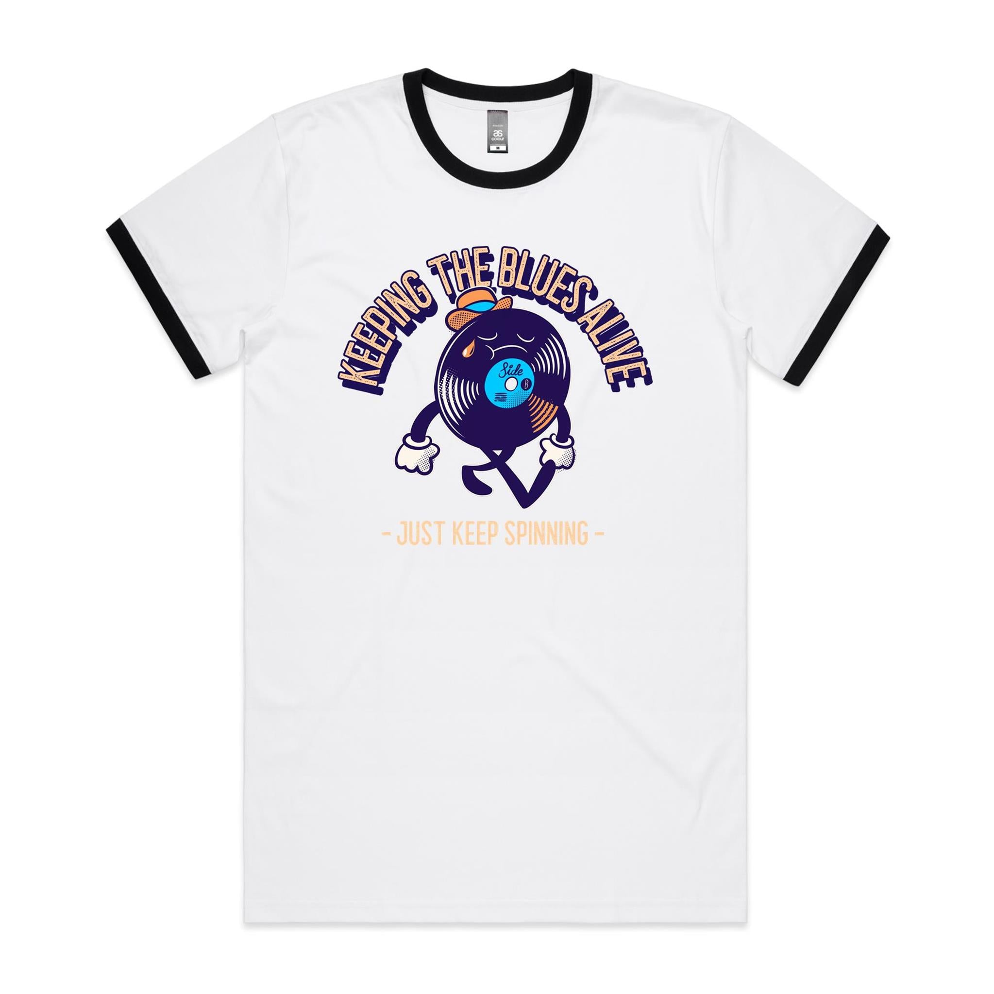 Keeping The Blues Alive - Staple Ringer Tee White Black Ringer T-Shirt Music Printed In Australia