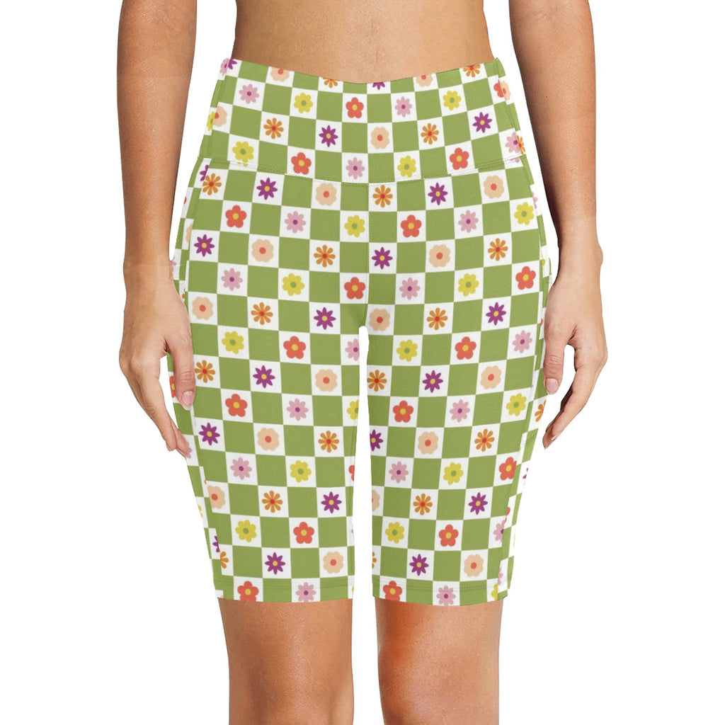 Flower Check Women's Bike Shorts With Side Pockets