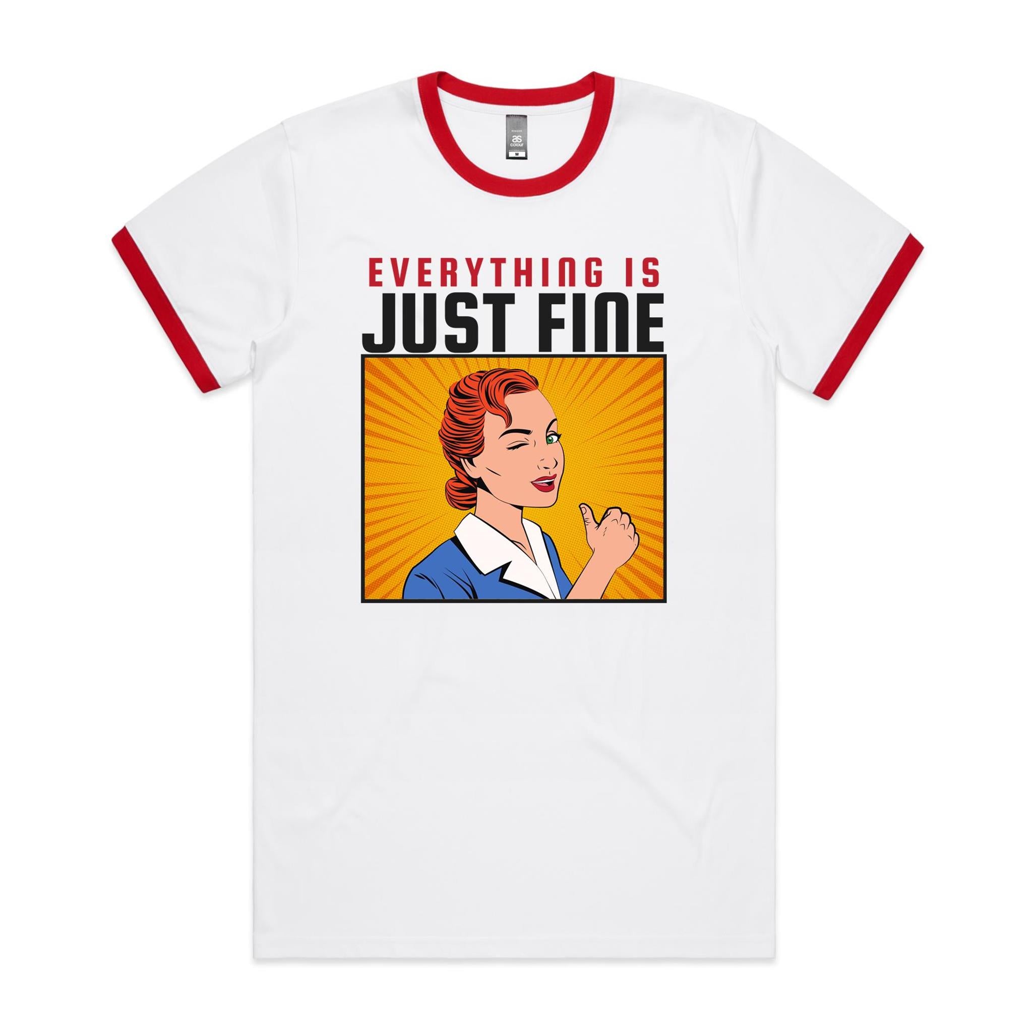 Everything Is Just Fine - Staple Ringer Tee White Red Ringer T-Shirt comic Printed In Australia