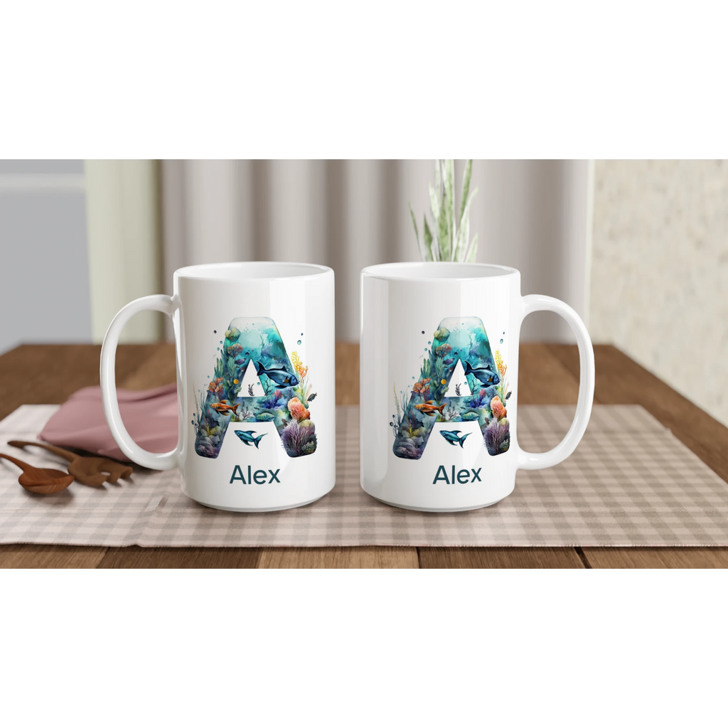 Personalise - Coral Sea Initial - White 15oz Ceramic Mug Personalised 15oz Mug animal customise Globally Fulfilled Initial Name personalise