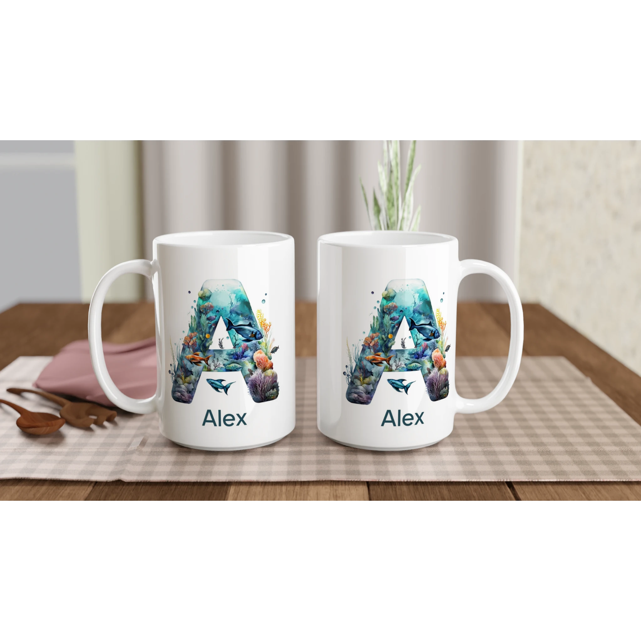 Personalise - Coral Sea Initial - White 15oz Ceramic Mug Personalised 15oz Mug animal customise Globally Fulfilled Initial Name personalise