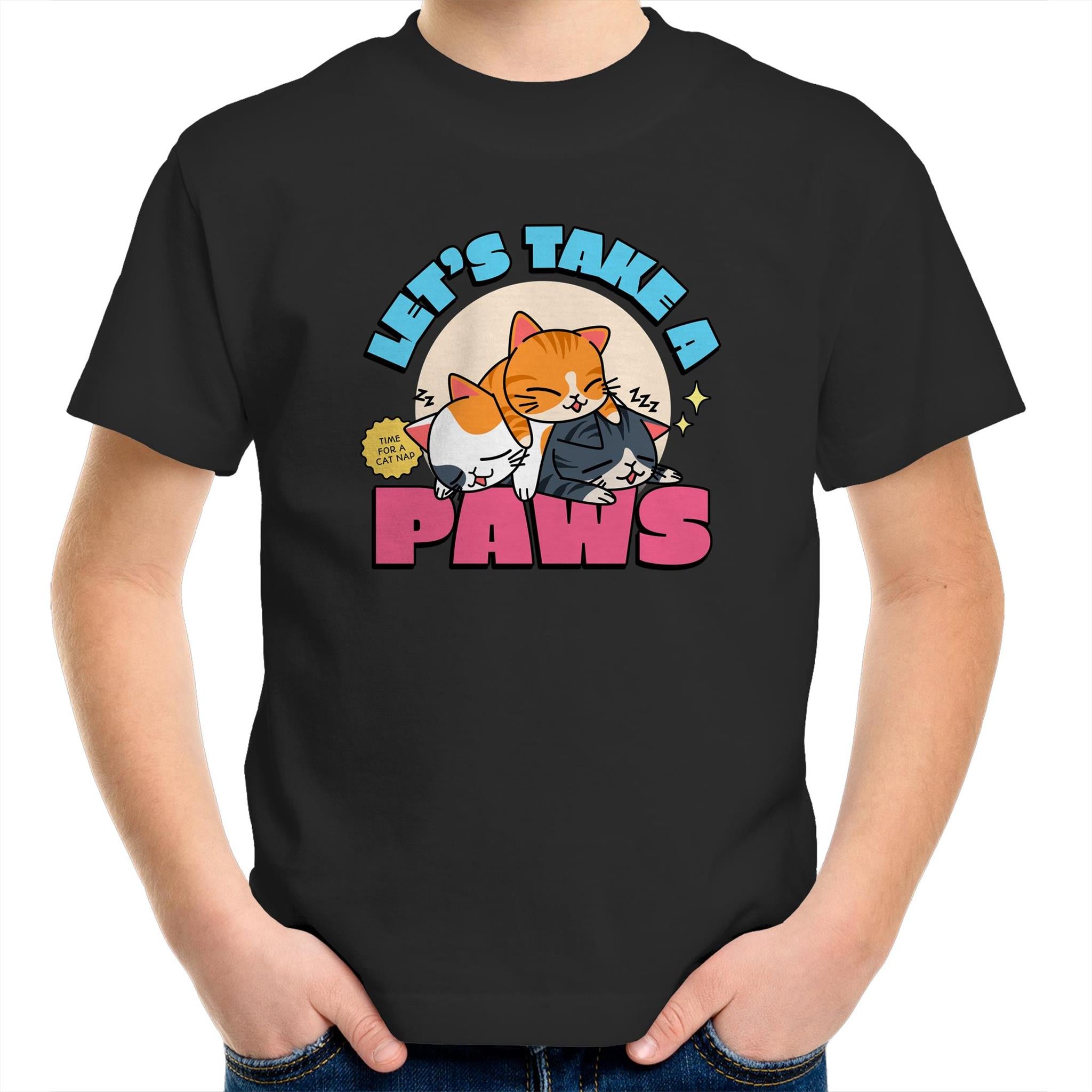Let's Take A Paws, Cats - Kids Youth T-Shirt Black Kids Youth T-shirt animal Printed In Australia