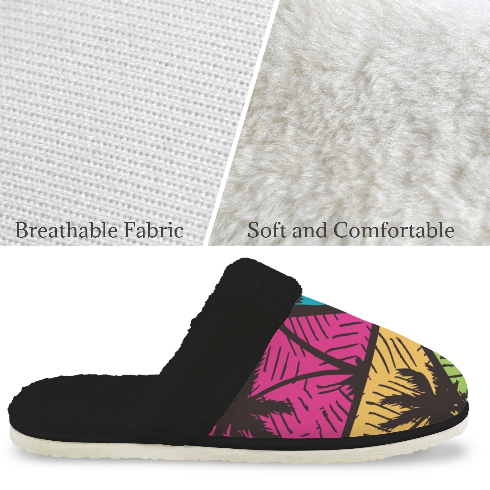 Palm Trees Men's Fur Trim Thick-Sole Indoor Slippers Men's Fur Trimmed Slippers Printed Offshore Surf