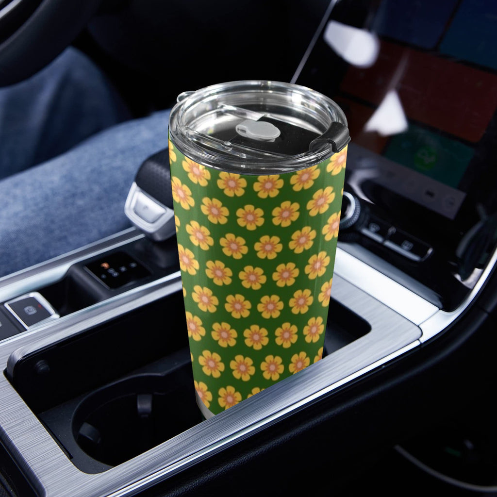 Yellow Flowers On Green 20oz Mobile Tumbler with Lid (Black Lock) 20oz Travel Mug Plants Printed Offshore