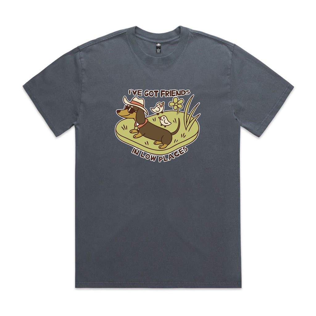 Dachshund, I've Got Friends In Low Places AS Colour Heavy Faded Tee Unisex Faded indigo Heavy Faded T-shirt animal Printed In Australia
