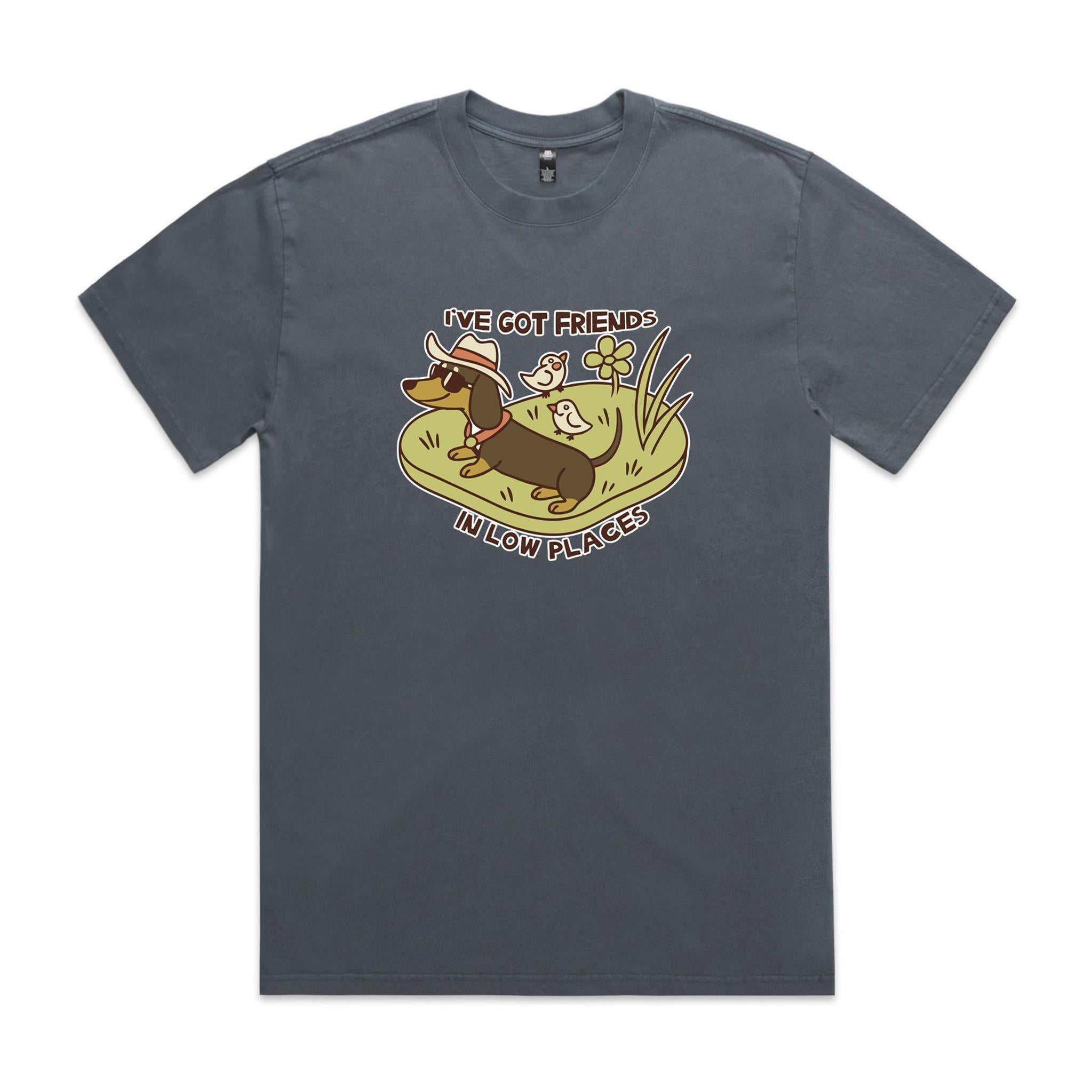 Dachshund, I've Got Friends In Low Places AS Colour Heavy Faded Tee Unisex Faded indigo Heavy Faded T-shirt animal Printed In Australia