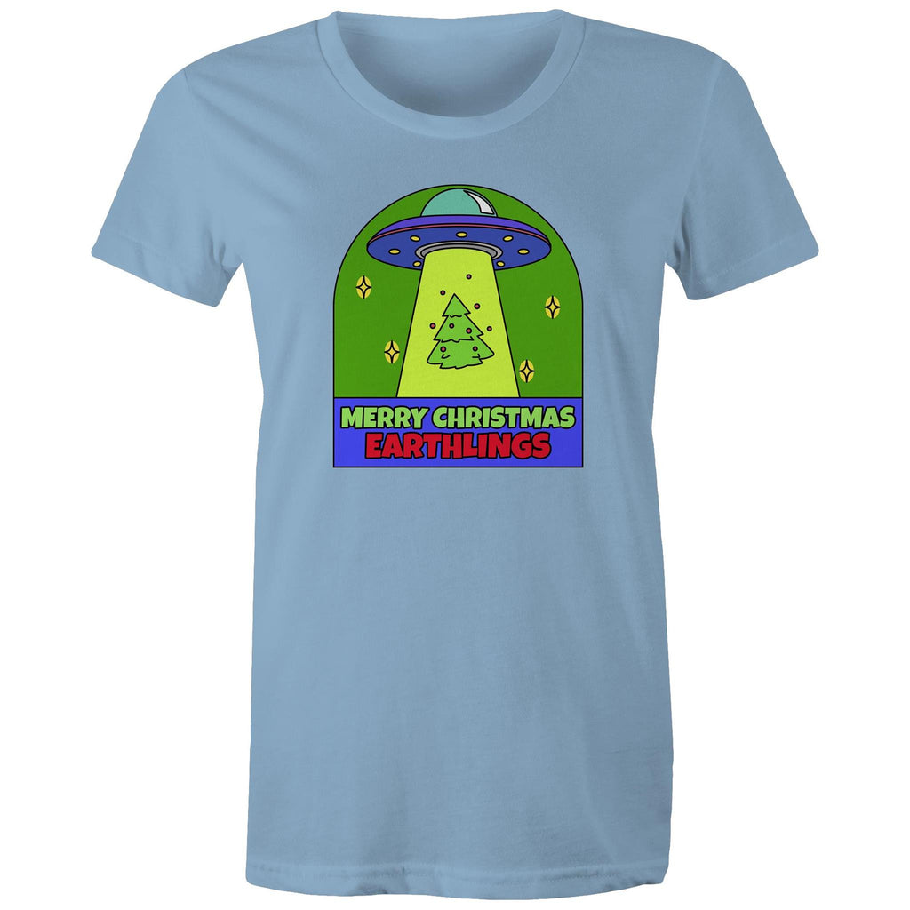 Merry Christmas Earthlings, UFO - Womens T-shirt Carolina Blue Womens Christmas T-shirt Christmas Printed In Australia